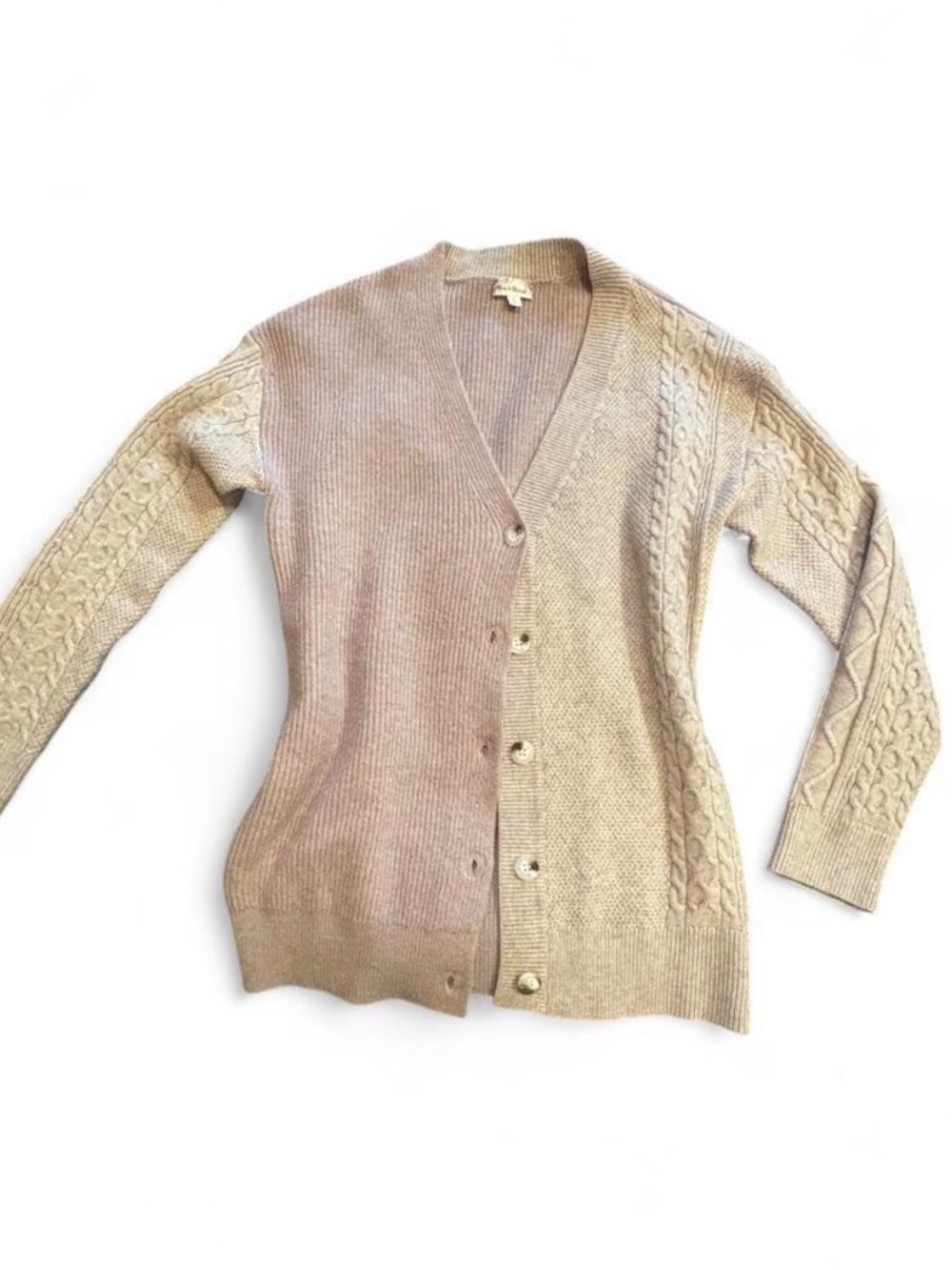 Hem and Thread Beige Cable Knit V-Neck Cardigan Sweater S